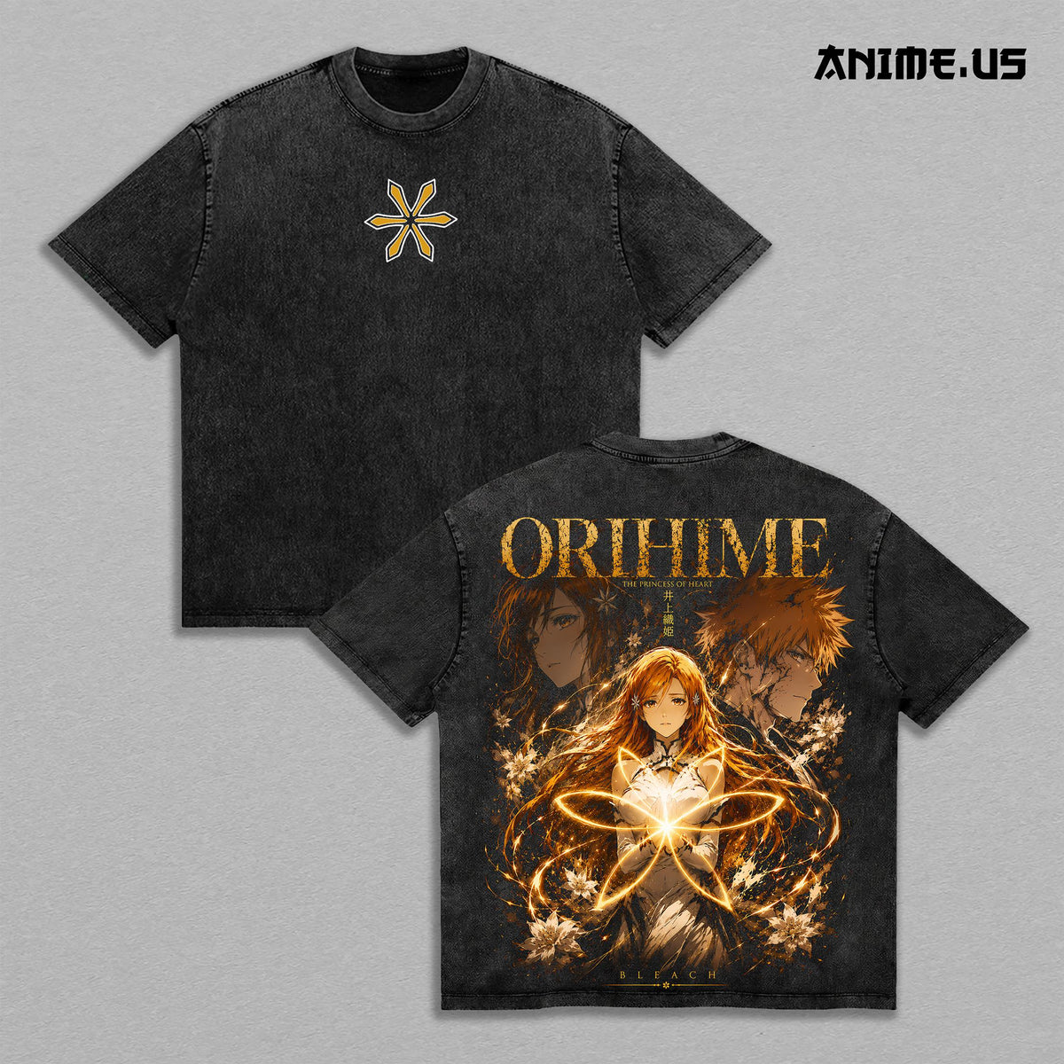 Orihime Inoue Princess of Heart Bleach Anime Graphic Tee Soul Reaper Manga Vintage Washed Oversized Streetwear Heavyweight Cotton Floral Back Print Shirt