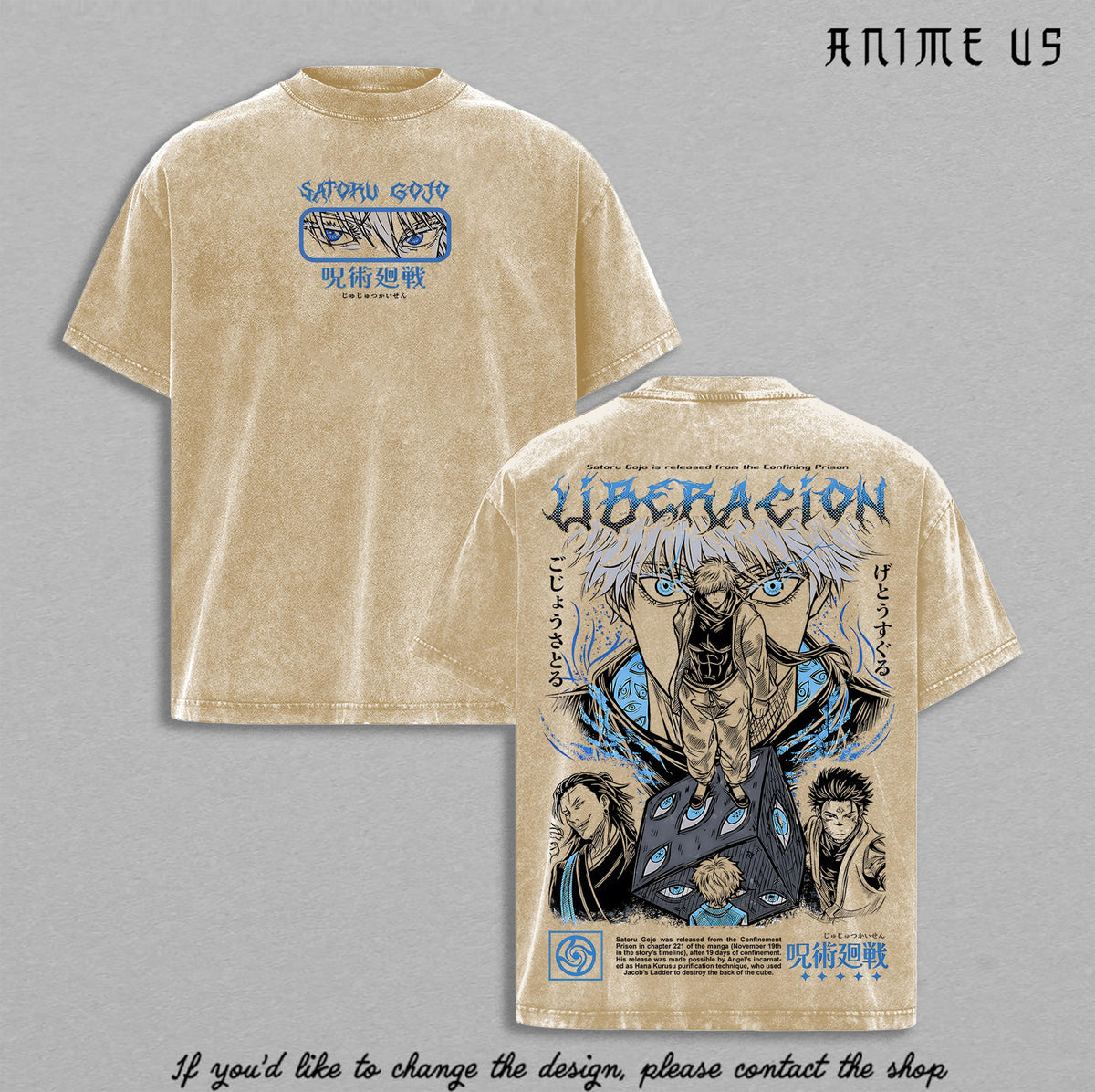 Jujutsu Kaisen Satoru Gojo Suguru Geto Ryomen Sukuna Anime Shirt Vintage Washed Oversized Tee Blue Graphic Back Print Heavy Cotton Streetwear Manga Gift