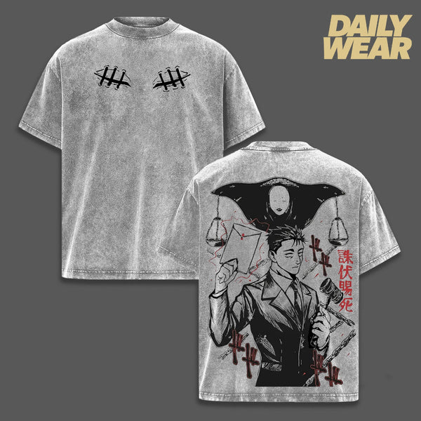 Hiromi Higuruma Vintage Washed Oversized T-Shirt, Jujutsu Kaisen Defense Attorney Sorcerer Graphic Tee, Unisex Streetwear Anime Soft Cotton Top Outfit for Men, Casual Menswear Gift for JJK Fans