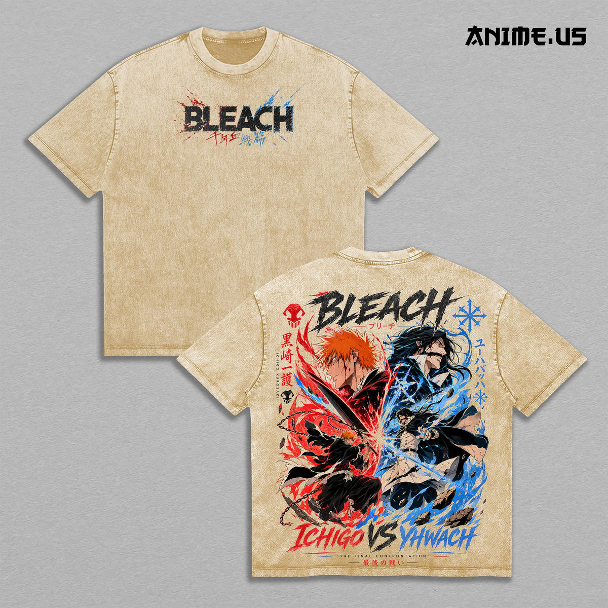 Ichigo Kurosaki vs Yhwach Final Battle Bleach Thousand Year Blood War Washed Heavyweight T-Shirt Vintage Anime Streetwear Graphic Tee Oversized Unisex Gift