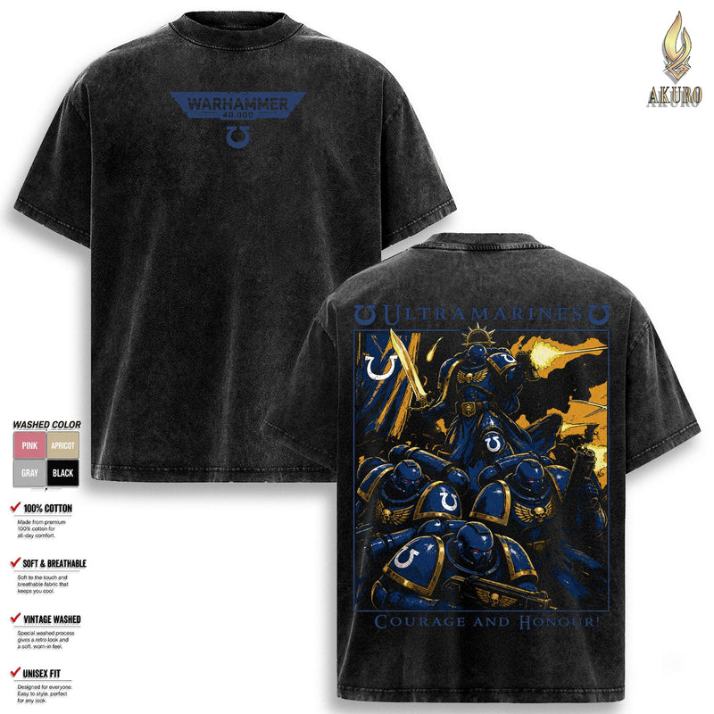 Ultramarines Warhammer 40K Graphic T Shirt, Warhammer 40000 Vintage Washed Oversized Tee, Space Marines Chaos Tyranids Gaming Streetwear Soft Cotton Unisex Gift