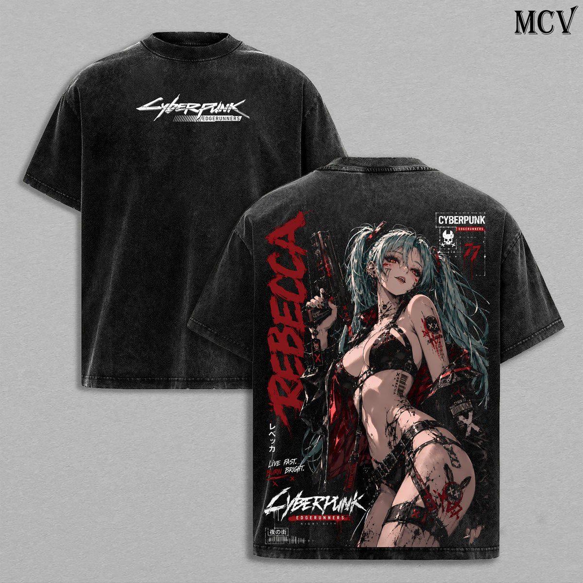 Rebecca Cyberpunk Edgerunners Tee – Rebecca Vintage Washed T-Shirt | Edgerunner Mercenary | Japanese Irezumi Gothic Tattoo Art | Night City Cyberpunk Anime Manga Graphic Tee | Heavy Cotton Unisex Oversized Streetwear Top