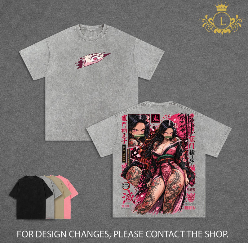 Limited Edition Nezuko Kamado Vintage Washed Graphic Tee Demon Slayer T-Shirt Kimetsu No Yaiba Shirt Blood Demon Art Heavy Cotton Unisex Streetwear Gift for Anime Lovers