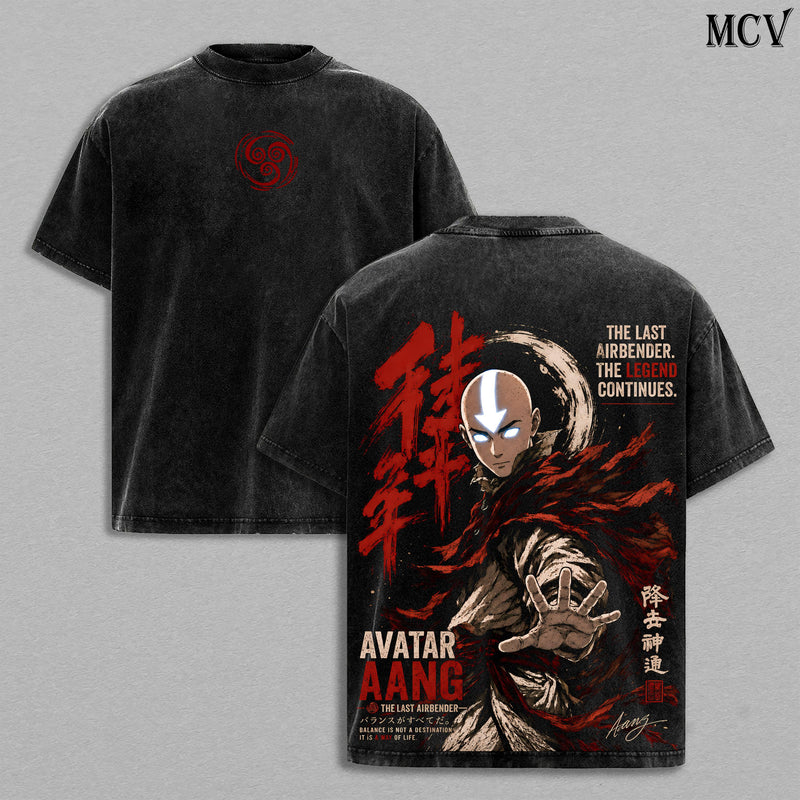 Aang Avatar Tee – Aang Vintage Washed T-Shirt | Avatar The Last Airbender | Airbender Warrior | Anime Graphic Tee | Heavy Cotton Unisex Oversized Streetwear Top