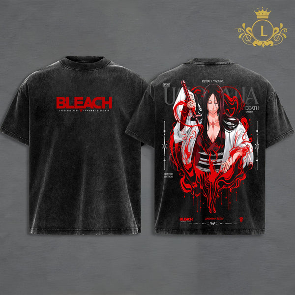 Unohana Retsu Bleach Vintage Washed T-Shirt Hoodie, Minazuki Bankai Anime Graphic, Blood Aura Death Sakura Art, Double-Sided Print, Heavyweight Oversized Unisex Streetwear