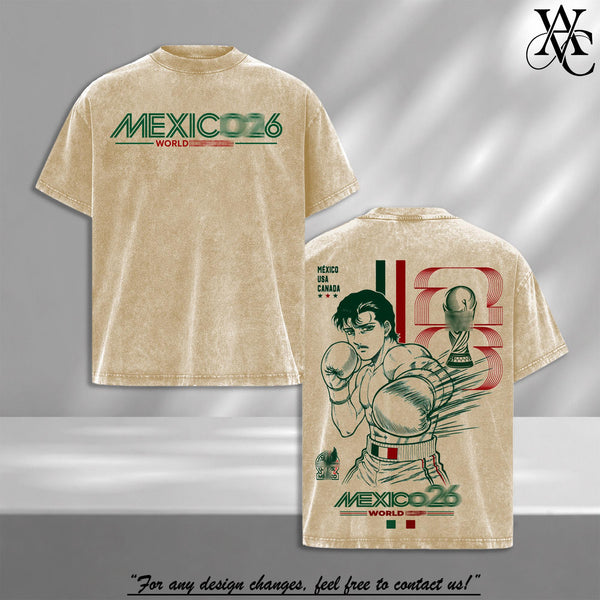 Mexico World Soccer Tour 2026 Vintage Washed Anime Soccer T Shirt, Retro Ricardo Martinez Hajime no Ippo "The Ultimate Champion" Graphic Tee, Oversized Heavyweight Cotton Streetwear, Mexico Football Fan Shirt, Sports Aesthetic Gift Merch Apparel