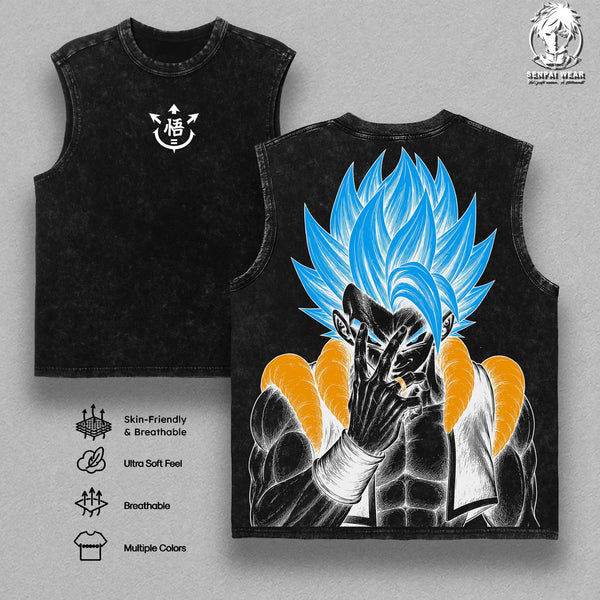 Gogeta Tank Tops Washed, DBZ Anime Graphic Tee, Oversized Blue Super Saiyan Vintage Washed Shirt, Heavyweight Streetwear For Men, Gym Pump Cover Outfit, Gift For Anime Lovers