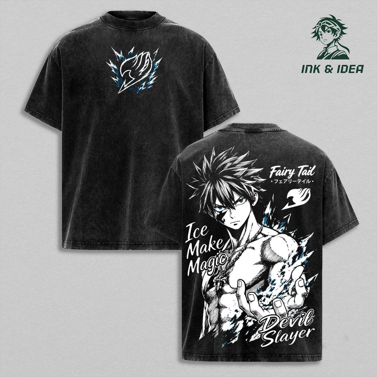 Gray Fullbuster Ice Devil Slayer Vintage Washed Anime Tee, Fairy Tail Ice Make Magic Graphic Shirt, Oversized Heavyweight Cotton Streetwear, Manga Style Anime Fan Gift