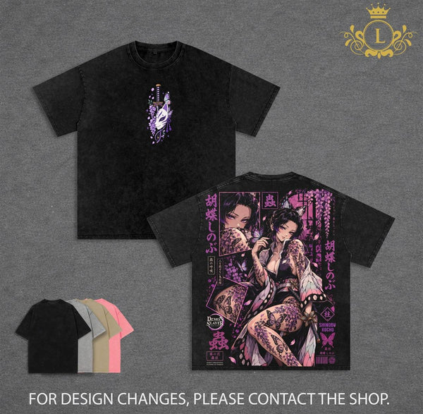 Limited Edition Shinobu Kocho Vintage Washed Graphic Tee Demon Slayer T-Shirt Kimetsu No Yaiba Shirt Blood Demon Art Heavy Cotton Unisex Streetwear Gift for Anime Lovers