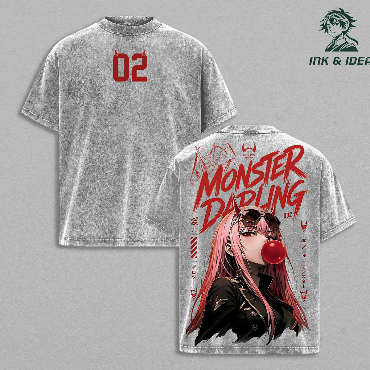 Zero Two Darling in the Franxx Vintage Washed T-Shirt, Monster Darling Anime Oversized Hip Hop Streetwear Tee, Heavy Cotton Y2K Graphic Shirt, Retro Manga Unisex Top Gift