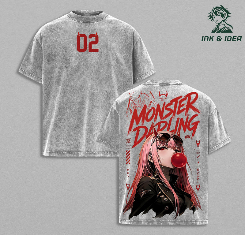 Zero Two Darling in the Franxx Vintage Washed T-Shirt, Monster Darling Anime Oversized Hip Hop Streetwear Tee, Heavy Cotton Y2K Graphic Shirt, Retro Manga Unisex Top Gift