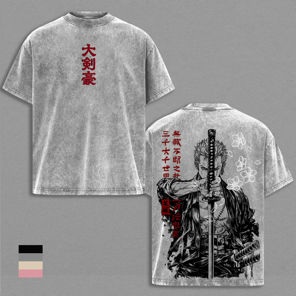 Zoro Tee Washed - Vintage One Piece Anime Shirt Roronoa Zoro Graphic Tee Vintage Washed T Shirt Unisex Streetwear Santoryu Anime Tee Three Sword Style Shirt Anime Clothing Gift for Anime Lovers Fans Apparel