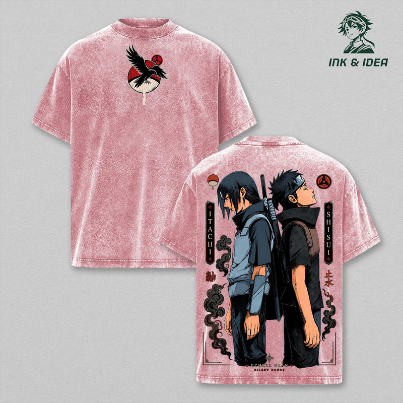 Shisui Uchiha and His Closest Friend Naruto Shippuden Vintage Washed Heavyweight Cotton T-Shirt, Uchiha Clan Silent Bonds Double Sided Anime Graphic Tee, Oversized Manga Gym Streetwear, Unisex Fan Gift