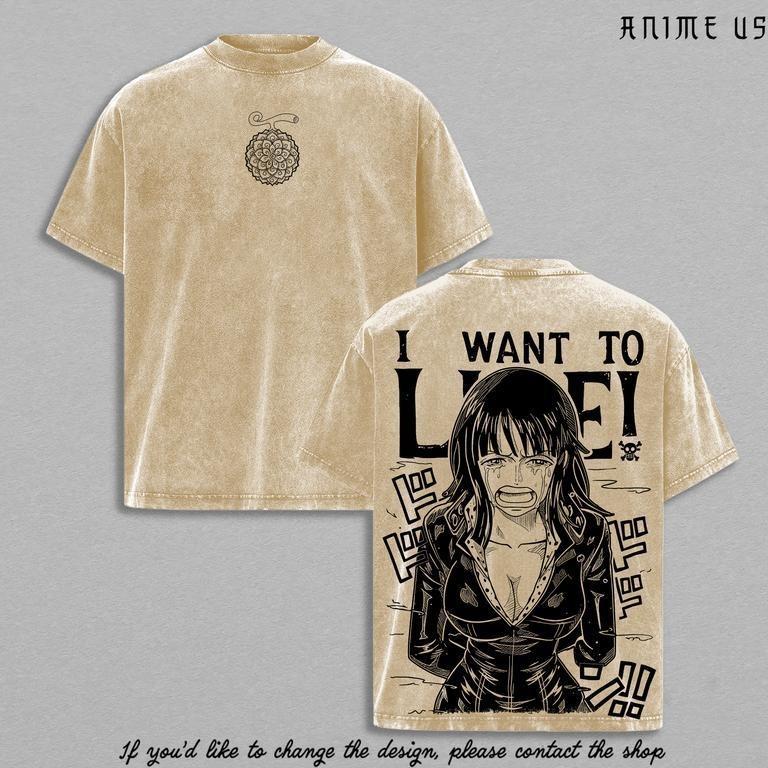 Nico Robin One Piece “I Want To Live” Vintage Washed Anime T-Shirt Scene Graphic Tee Streetwear Retro Shirt Heavy Cotton Gift for Anime Manga Fans