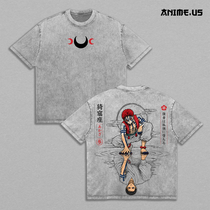 Demon Slayer Akaza Upper Rank III Moon Reflection Anime Graphic Tee Vintage Washed Dark Fantasy Manga Art Heavyweight Cotton Oversized Streetwear Shirt