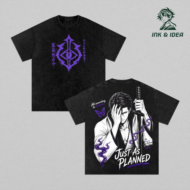 Sosuke Aizen Vintage Washed Anime Tee, Bleach Just As Planned Graphic Shirt, Kyoka Suigetsu Hogyoku Design, Anime Streetwear Oversized Heavyweight Cotton T-Shirt
