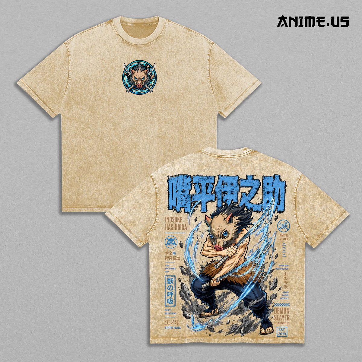 Inosuke Hashibira Demon Slayer Vintage Washed Gym T-Shirt, Beast Breathing Fifth Fang Double Sided Anime Graphic Tee, Oversized Heavyweight Cotton Boar Mask Manga Streetwear, Unisex Fan Gift