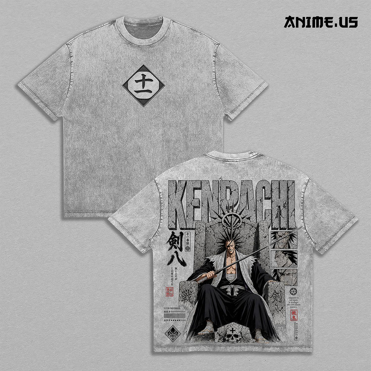 Kenpachi Zaraki Bleach 11th Division Captain Vintage Washed Heavyweight Cotton T-Shirt, Soul Reaper Anime Graphic Tee, Double Sided Oversized Streetwear Shirt, Zaraki Kenpachi Manga Unisex Fan Gift