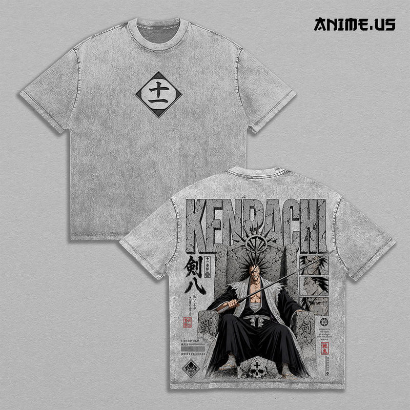 Kenpachi Zaraki Bleach 11th Division Captain Vintage Washed Heavyweight Cotton T-Shirt, Soul Reaper Anime Graphic Tee, Double Sided Oversized Streetwear Shirt, Zaraki Kenpachi Manga Unisex Fan Gift