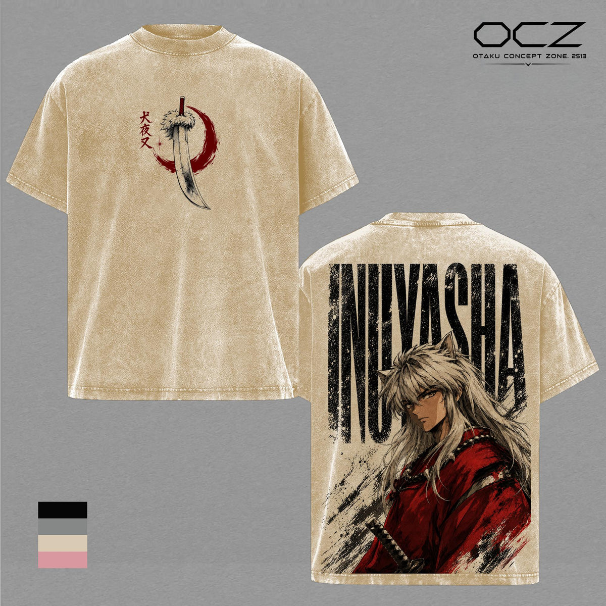 Inuyasha Vintage Washed T-Shirt, Half Demon Anime Graphic Tee, Tessaiga Sword Double Sided Print, Heavyweight Cotton Oversized Manga Streetwear Shirt