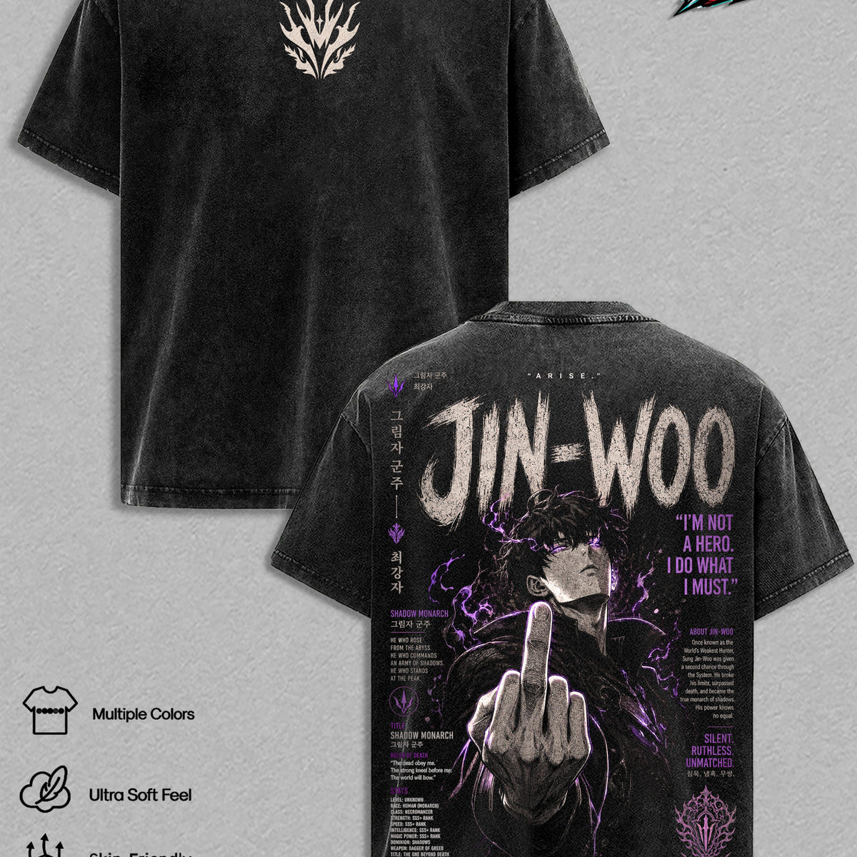 Solo Leveling Jin-Woo Vintage Washed Anime T-Shirt – Sung Jin-Woo Shadow Monarch Arise Graphic Tee, Retro Manhwa Streetwear Oversized Heavy Cotton Unisex Shirt, Anime Gift for Men & Women