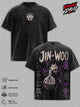 Solo Leveling Jin-Woo Vintage Washed Anime T-Shirt – Sung Jin-Woo Shadow Monarch Arise Graphic Tee, Retro Manhwa Streetwear Oversized Heavy Cotton Unisex Shirt, Anime Gift for Men & Women