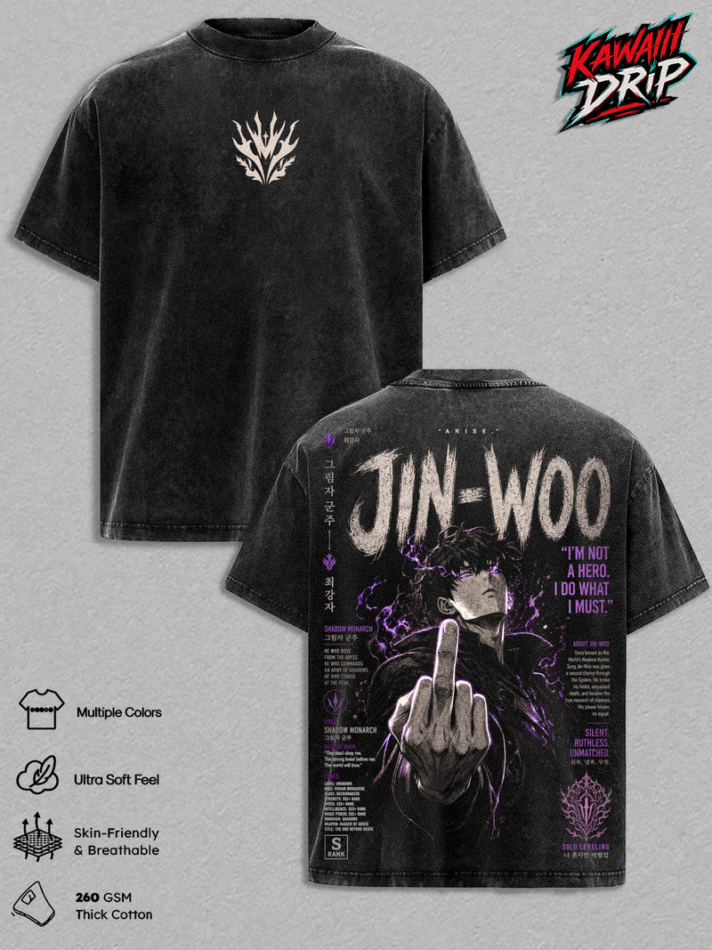 Solo Leveling Jin-Woo Vintage Washed Anime T-Shirt – Sung Jin-Woo Shadow Monarch Arise Graphic Tee, Retro Manhwa Streetwear Oversized Heavy Cotton Unisex Shirt, Anime Gift for Men & Women