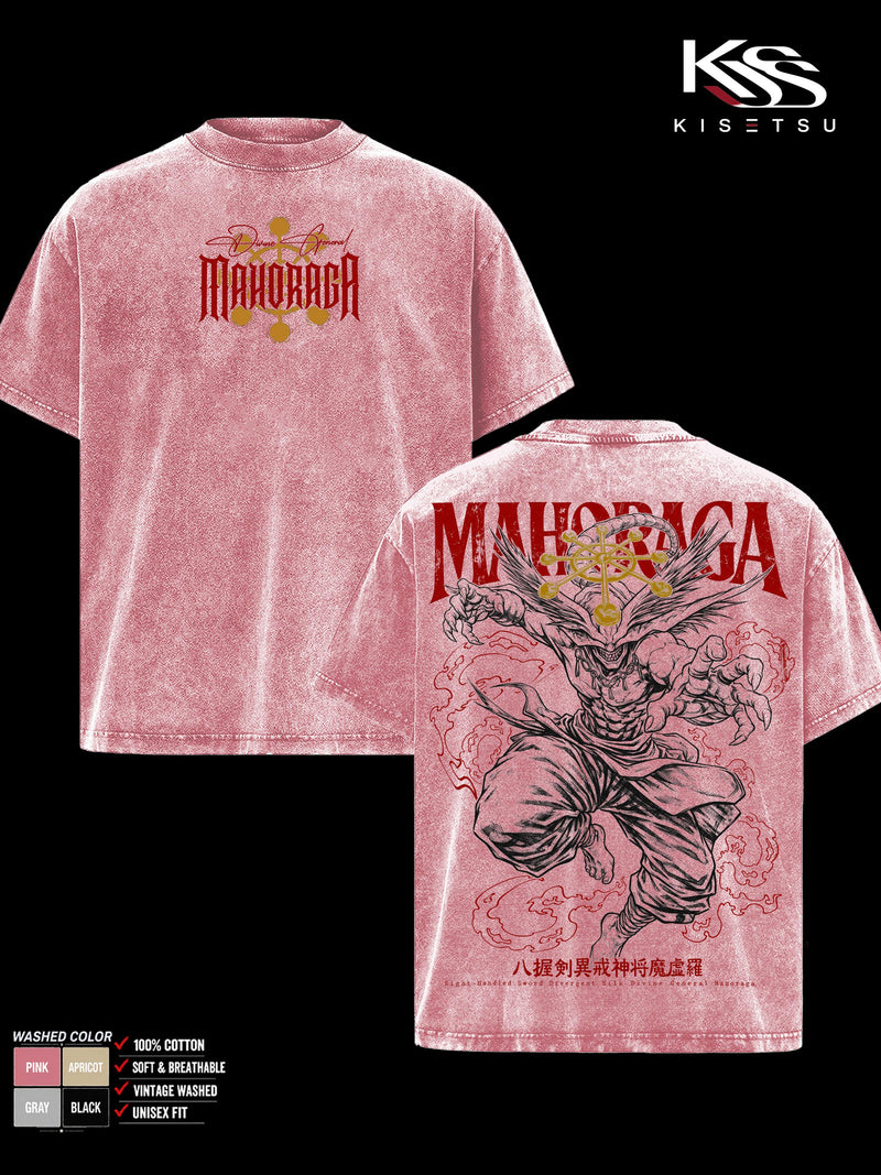Mahoraga Jujutsu Kaisen Men’s Graphic T-Shirt, Eight-Handled Sword Divine General Double Sided Anime Tee, Oversized Vintage Washed Soft Cotton Streetwear, Gift for JJK Fans