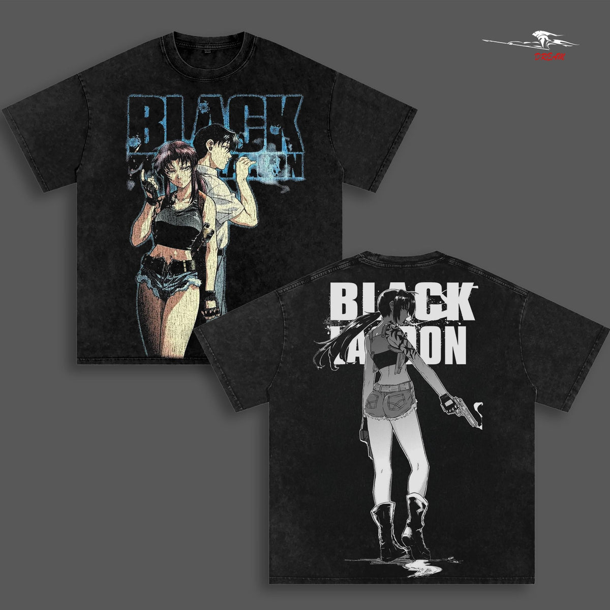Black Lagoon v2 Anime Double Printed Vintage Washed Tee Unisex Oversize Anime Manga Washed Heavyweight Cotton T-shirt