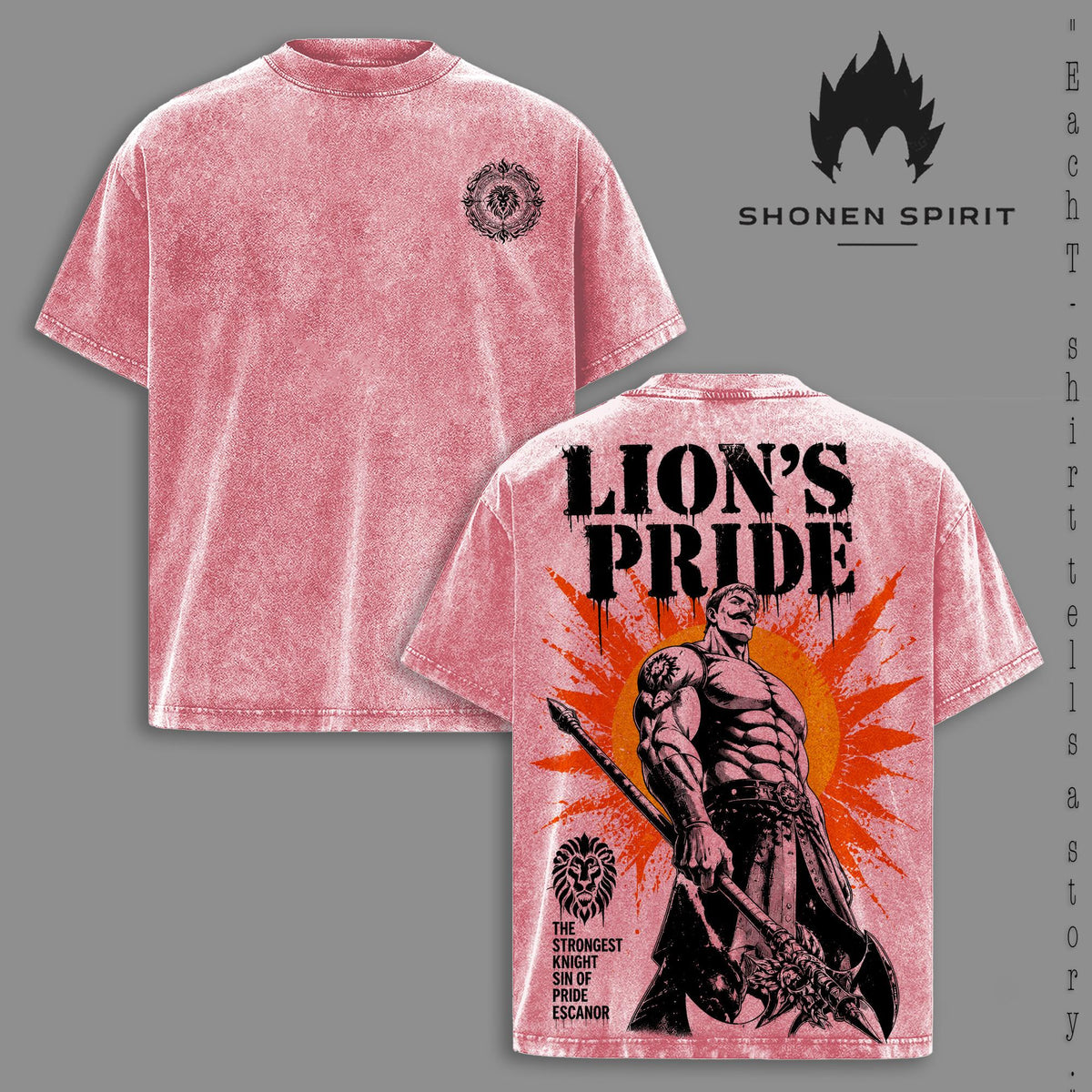 Escanor Lion's Pride Vintage Washed T-Shirt, The Seven Deadly Sins Anime Graphic Tee, Oversized Heavyweight Cotton Streetwear Shirt, Double-Sided Manga Fan Gift