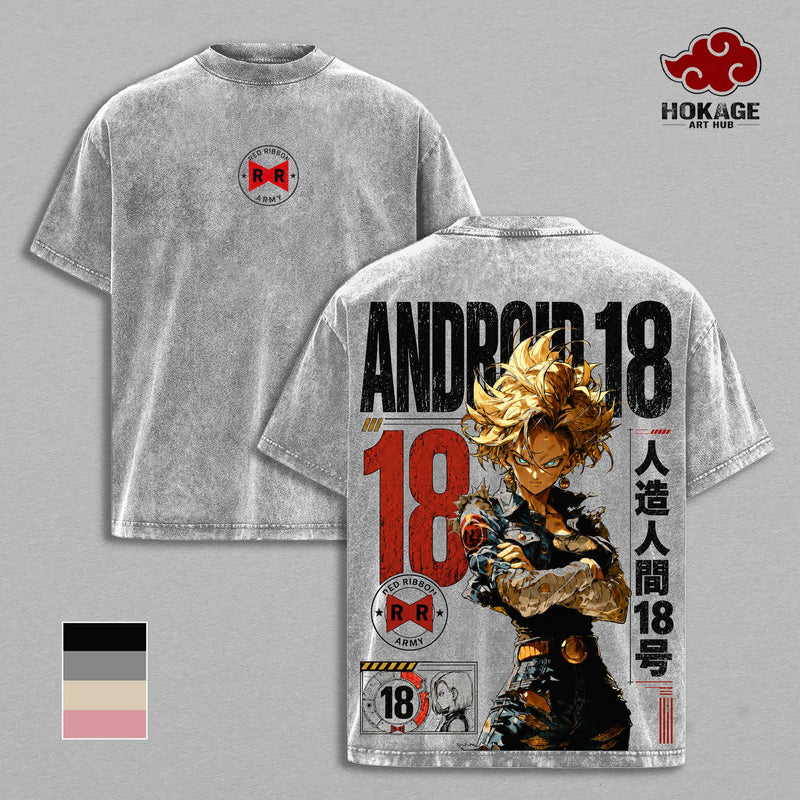 Android 18 DBZ Vintage Washed Oversized T-Shirt, Red Ribbon Army Double Printed Anime Graphic Tee, Heavyweight Cotton Manga Streetwear, Retro Gamer Shirt
