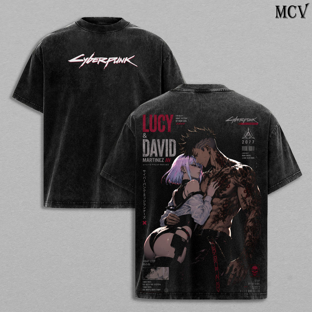 Lucy & David Cyberpunk Edgerunners Tee – Lucy & David Martinez Vintage Washed T-Shirt | Night City Lovers | Japanese Irezumi Gothic Tattoo Art | Cyberpunk Anime Manga Graphic Tee | Heavy Cotton Unisex Oversized Streetwear Top