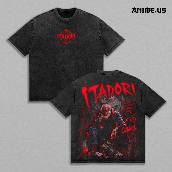 Yuji Itadori Jujutsu Kaisen Vintage Washed Oversized T-Shirt, Sukuna Vessel Anime Graphic Tee, Heavyweight Cotton Streetwear Shirt, Manga Fan Gift