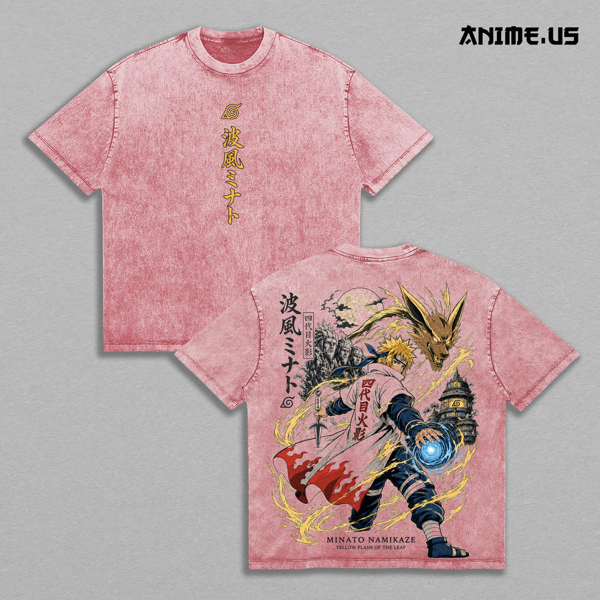 Minato Namikaze Naruto Vintage Acid Wash Anime Graphic Tee, Yellow Flash Rasengan Battle Speed Aura Large Back Print Graphic Shirt Unisex Cotton Streetwear