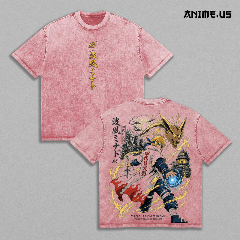 Minato Namikaze Naruto Vintage Acid Wash Anime Graphic Tee, Yellow Flash Rasengan Battle Speed Aura Large Back Print Graphic Shirt Unisex Cotton Streetwear