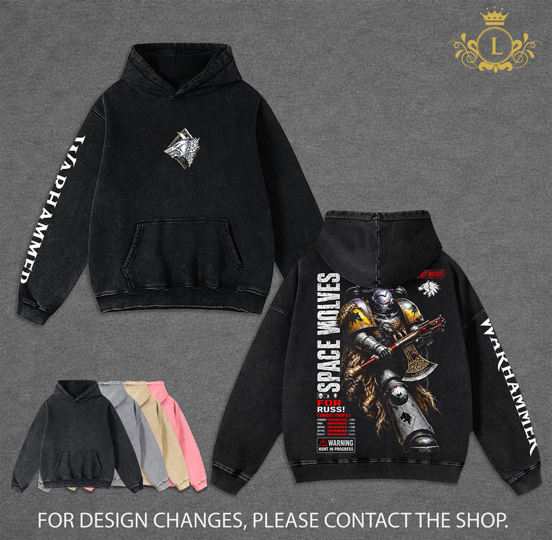 Space Wolves Warhammer 40,000 Dawn of War IV Hoodie Wash, Vintage Grimdark Sci Fi Graphic Hoodie, Space Warrior Gaming Streetwear, Heavyweight Cotton Pullover, Warhammer 40K Fan Apparel, Retro Video Game Hoodie, Unisex Gamer Gift