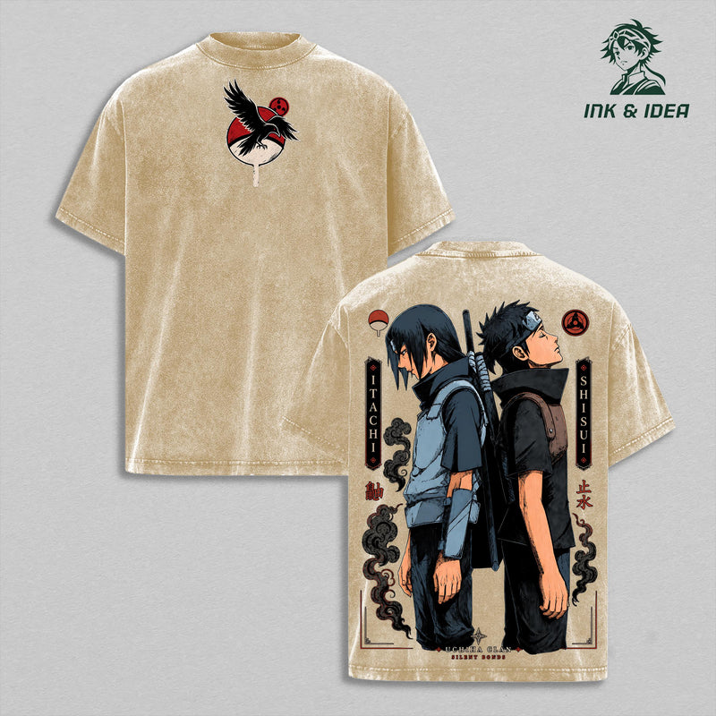 Shisui Uchiha and His Closest Friend Naruto Shippuden Vintage Washed Heavyweight Cotton T-Shirt, Uchiha Clan Silent Bonds Double Sided Anime Graphic Tee, Oversized Manga Gym Streetwear, Unisex Fan Gift