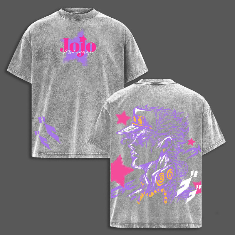 Joestar JoJo’s Bizarre Adventure Double Printed Vintage Oversized Washed T-Shirt, Unisex Heavyweight Cotton Anime Manga Tee & Hoodie, Retro Collectible Merch for Anime Fans