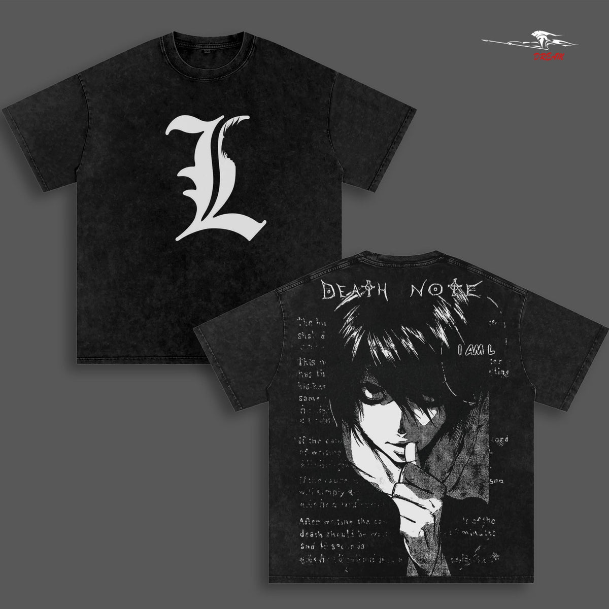 L Lawliet Death Note Anime Double Printed Vintage Washed Tee Unisex Oversize Anime Manga Washed Heavyweight Cotton T-shirt