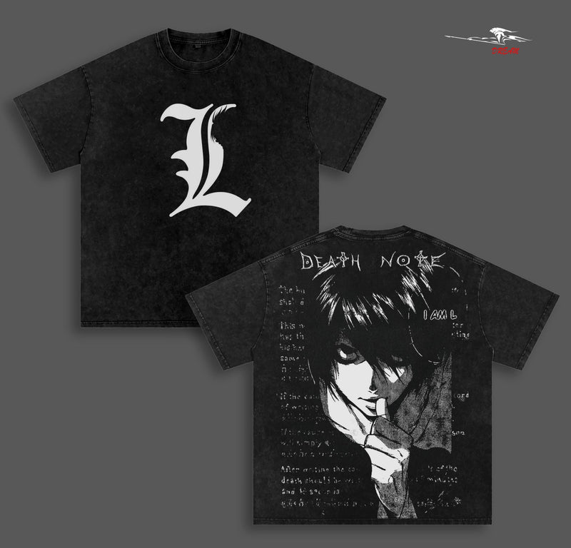 L Lawliet Death Note Anime Double Printed Vintage Washed Tee Unisex Oversize Anime Manga Washed Heavyweight Cotton T-shirt