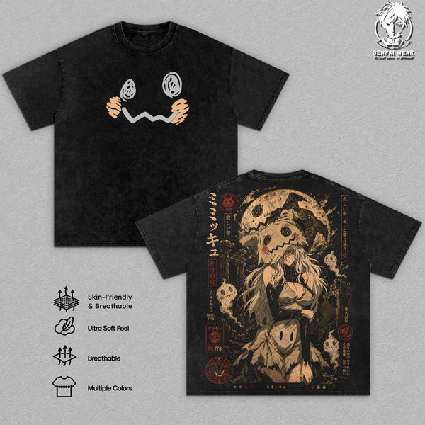Mimikyu PKM Shirt Anime Double Printed Vintage Washed Oversize T-Shirt Ghost Fairy Pocket Monster Graphic Tee Anime Heavyweight Cotton Unisex Top Gift For Anime Fan