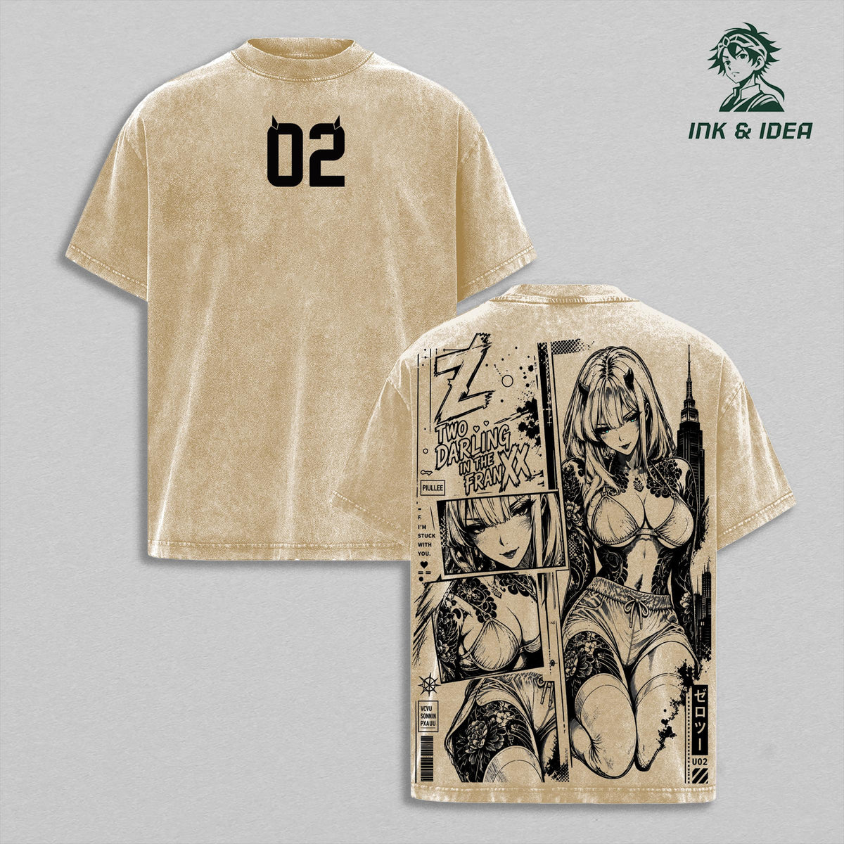 Zero Two Vintage Washed Gym T-Shirt, Darling in the Franxx 02 Graphic Tee, Anime Girl Oversized Heavy Cotton Gym Shirt, Retro Manga Unisex Streetwear