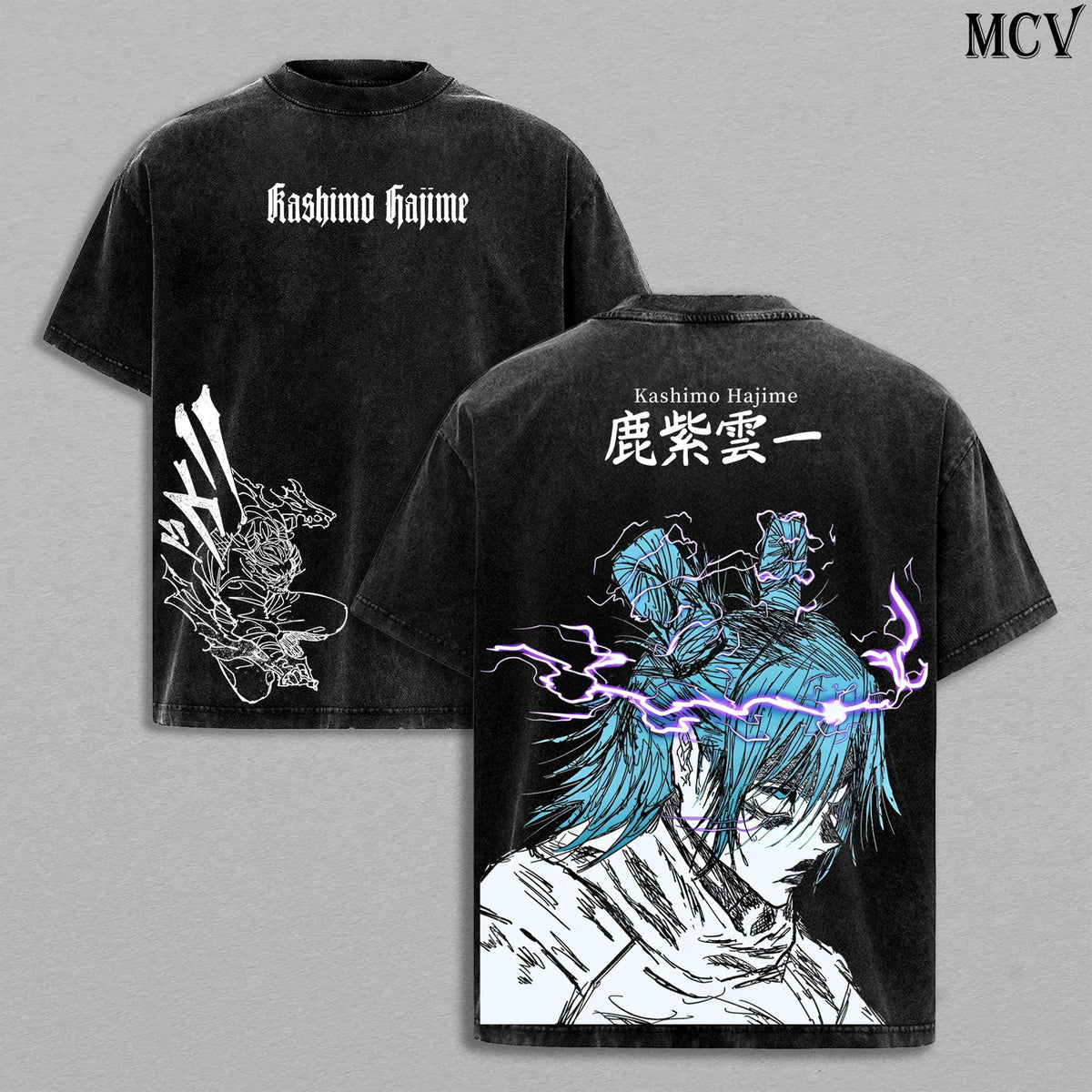 Kashimo Hajime Tee Washed – Jujutsu Kaisen Execution × Culling Game Arc Vintage Washed Heavy Cotton Oversized Anime Manga T-Shirt Hoodie, Double Printed Retro Unisex Streetwear Graphic Top, Lightning Ancient Sorcerer Edition