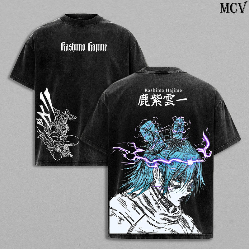 Kashimo Hajime Tee Washed – Jujutsu Kaisen Execution × Culling Game Arc Vintage Washed Heavy Cotton Oversized Anime Manga T-Shirt Hoodie, Double Printed Retro Unisex Streetwear Graphic Top, Lightning Ancient Sorcerer Edition