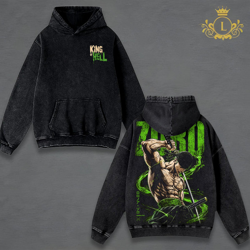 Roronoa Zoro Anime Streetwear T-Shirt, Three Sword Style Graphic Tee, Pirate Hunter Vintage Washed Shirt, Oversized Japanese Manga Fashion, Premium Cotton Apparel, Harajuku Style, Anime Gift