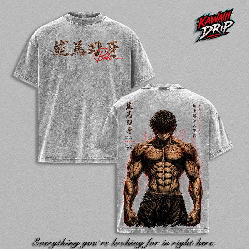 Baki Hanma T-Shirt Washed – Baki The Grappler Anime Manga Strongest Fighter Graphic Double Printed Tee, Heavy Cotton Unisex Oversize Streetwear Top Vintage Clothes Gift for Baki Fans and Manga