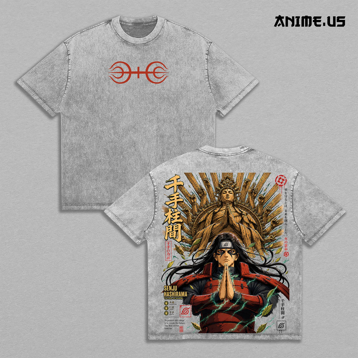 Hashirama Senju Naruto Shippuden Vintage Washed T-Shirt, First Hokage God of Shinobi Wood Style Thousand Hands Jutsu Anime Graphic Tee, Oversized Streetwear