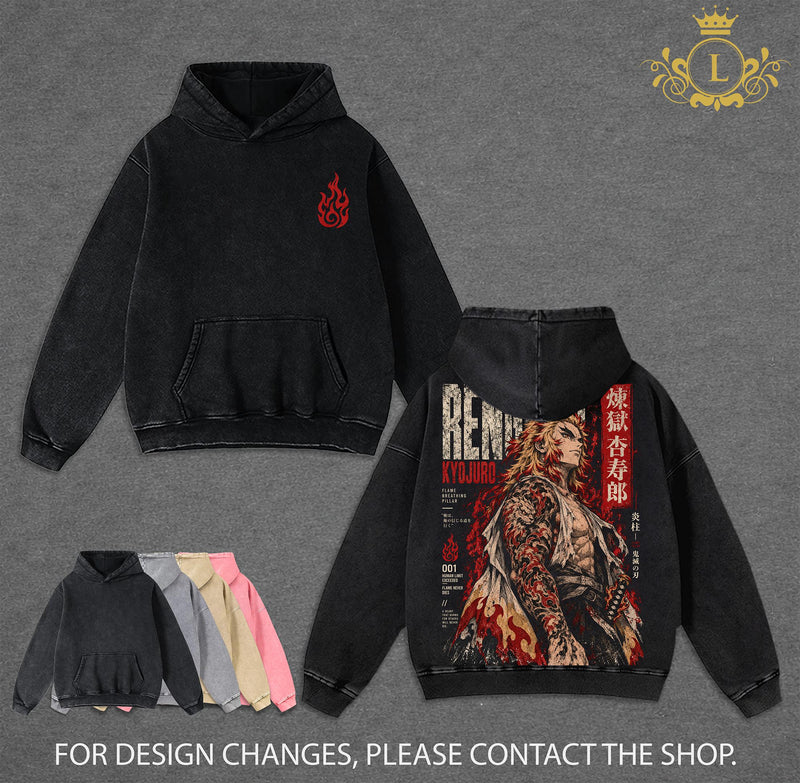 Limited Kyojuro Rengoku Demon Slayer Vintage Washed Anime Graphic Tee Flame Hashira Manga Streetwear Oversized Heavy Cotton T-Shirt Kimetsu No Yaiba Fire Breathing Unisex Anime Fan Gift
