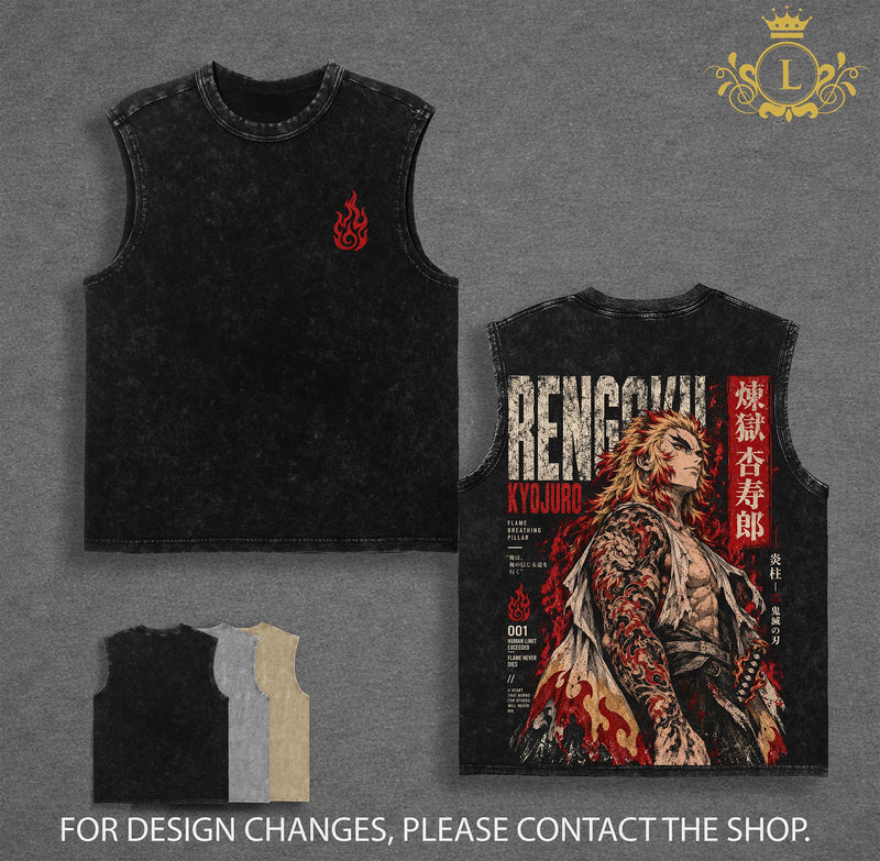 Limited Kyojuro Rengoku Demon Slayer Vintage Washed Anime Graphic Tee Flame Hashira Manga Streetwear Oversized Heavy Cotton T-Shirt Kimetsu No Yaiba Fire Breathing Unisex Anime Fan Gift