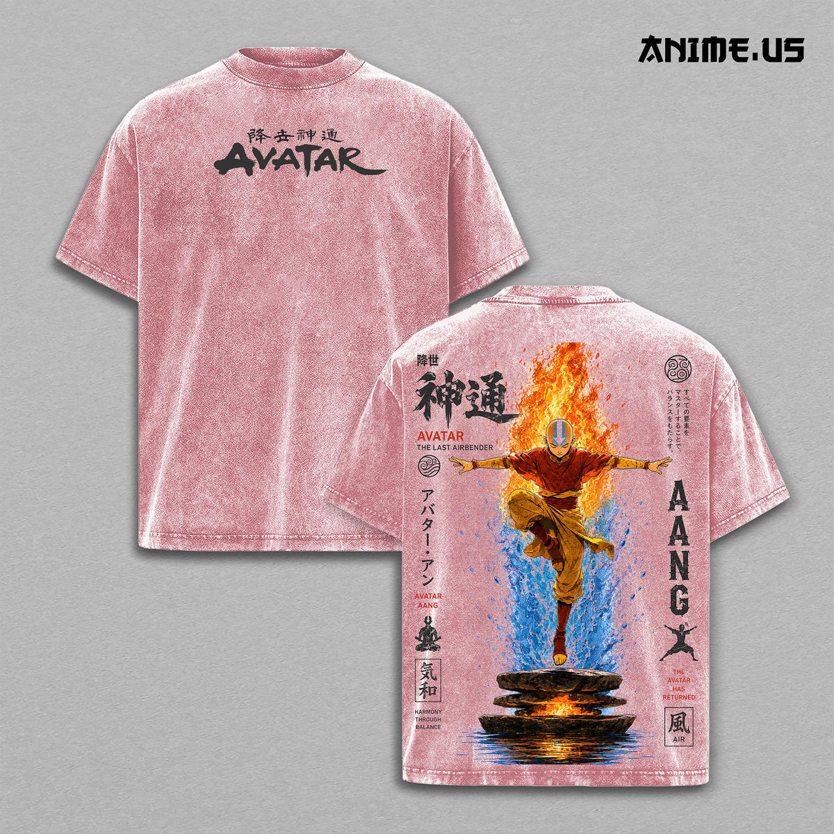 Avatar Aang The Last Airbender Anime Graphic Vintage Shirt, Avatar State 4 Elements Air Nomad Elemental Master Heavyweight Washed Cotton Anime Tee T-Shirt Cartoon Fantasy Bending Streetwear